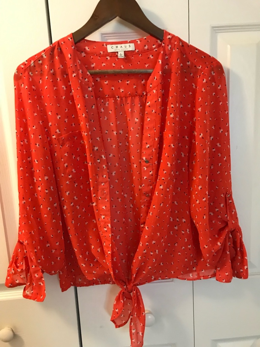 Chaus Women's Coral Red Tie-Front Blouse with Micro Floral Print